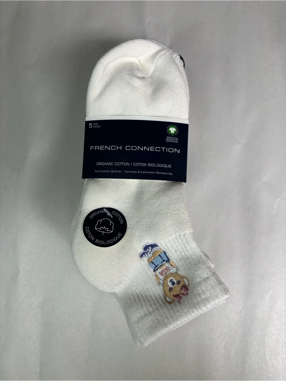 New French Connection Socks Women’s 5 Pair White & Pink Bear & Bows Quarter Sock